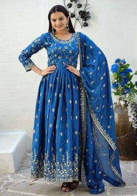 Petrol Blue Embroidererd Chinon Anarkali Set With Dupatta