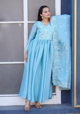Sky Blue Embroidererd Chinon Anarkali Set With Dupatta