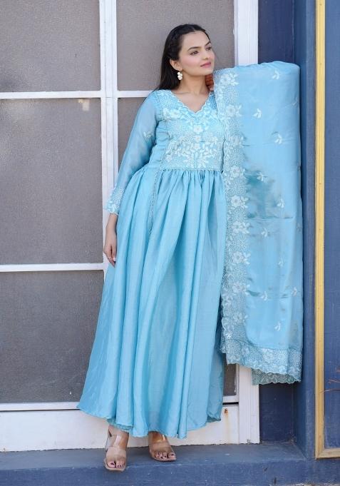 Sky Blue Embroidererd Chinon Anarkali Set With Dupatta