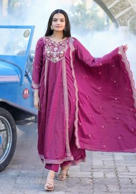 Wine Embroidererd Chinon Anarkali Set With Dupatta