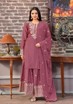 Onion Pink Embroidererd Chinon Sharara Set With Dupatta