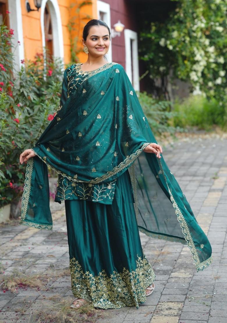 Rama Green Embroidererd Roman Silk Lehenga Set With Dupatta