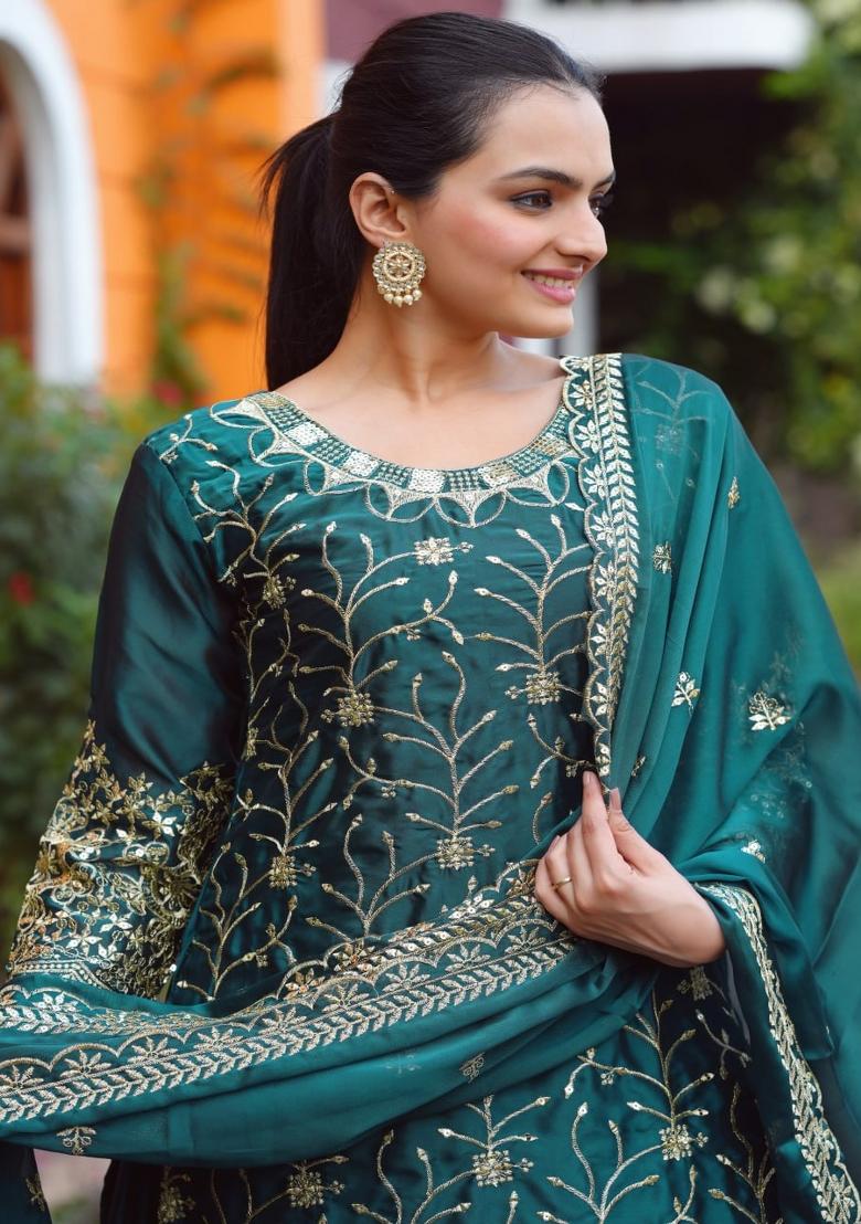 Rama Green Embroidererd Roman Silk Lehenga Set With Dupatta