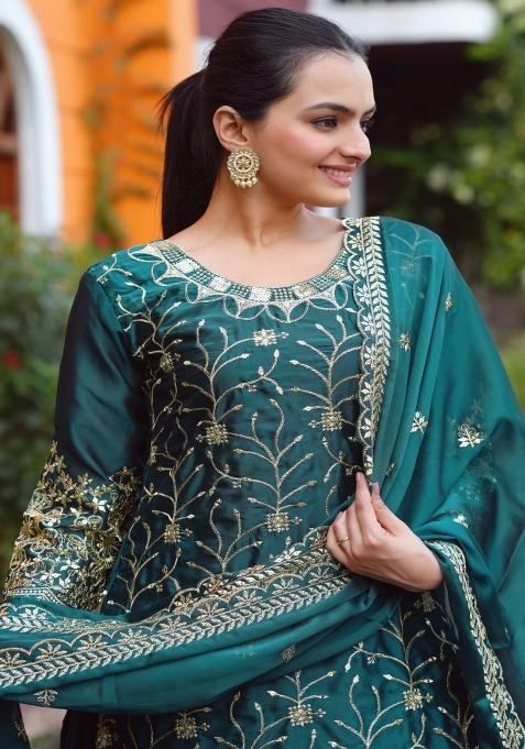 Rama Green Embroidererd Roman Silk Lehenga Set With Dupatta
