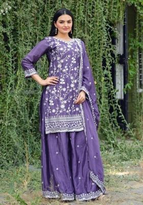 Purple Embroidererd Chinon Sharara Set With Dupatta