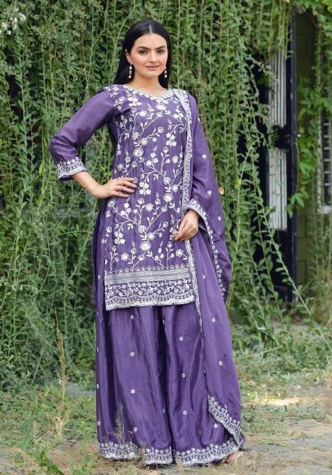 Purple Embroidererd Chinon Sharara Set With Dupatta