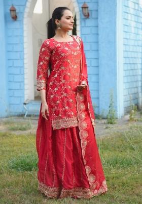Red Embroidererd Chinon Lehenga Set With Dupatta