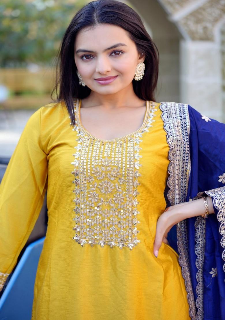 Yellow Embroidererd Chinon Salwar Kameez With Dupatta
