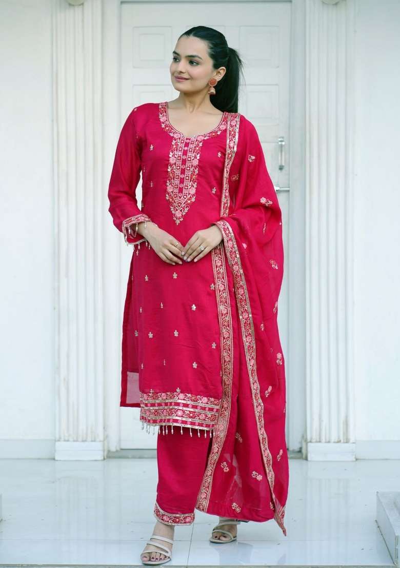 Rani Pink Embroidered Vichitra Punjabi Suit - Indya