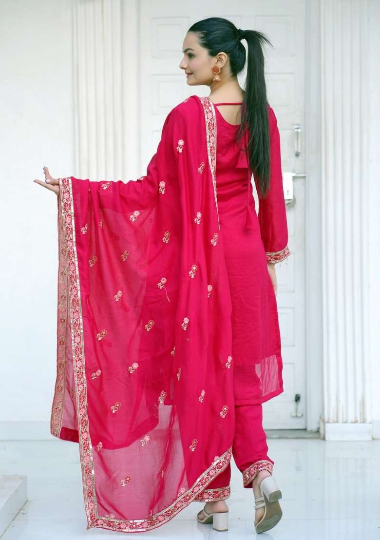 Rani Pink Embroidered Vichitra Punjabi Suit - Indya