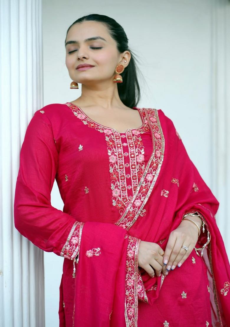 Rani Pink Embroidererd Vichitra Silk Salwar Kameez With Dupatta
