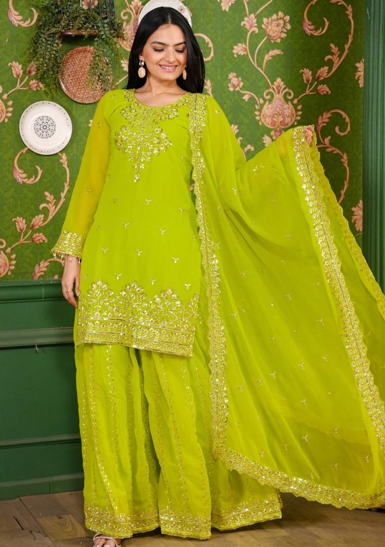 Green Embroidererd Georgette Sharara Set With Dupatta