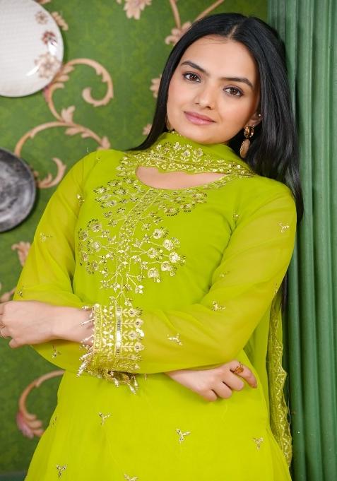 Green Embroidererd Georgette Sharara Set With Dupatta