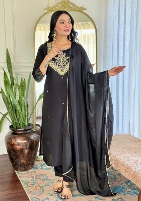 Black Embroidererd Rayon Salwar Kameez With Dupatta