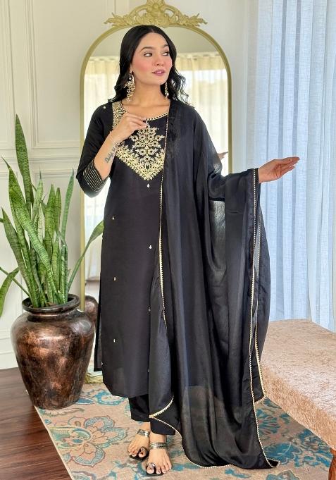 Black Embroidererd Rayon Salwar Kameez With Dupatta