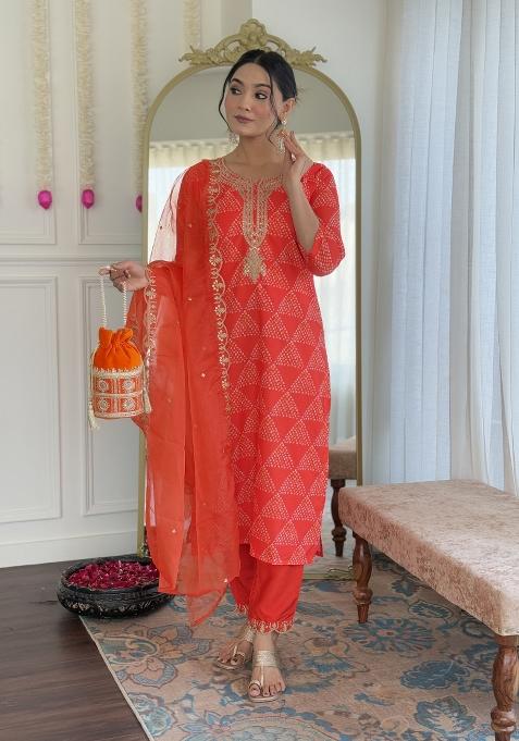 Red Embroidererd Viscose Chanderi Salwar Kameez With Dupatta