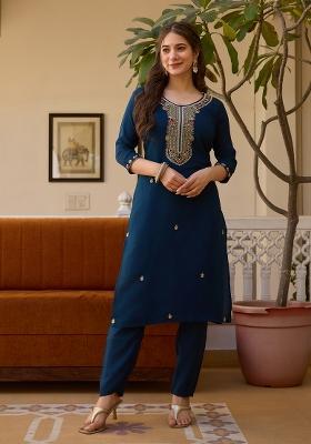Petrol Blue Embroidererd Viscose Chanderi Salwar Kameez With Dupatta