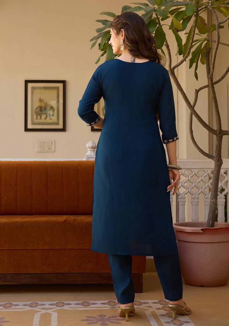 Petrol Blue Embroidererd Viscose Chanderi Salwar Kameez With Dupatta