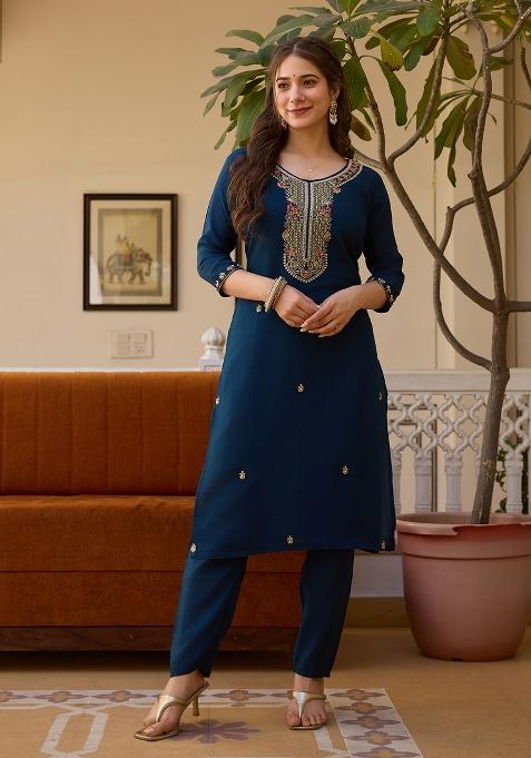 Petrol Blue Embroidererd Viscose Chanderi Salwar Kameez With Dupatta