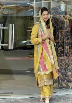 Yellow Embroidererd Georgette Palazzo Set With Dupatta
