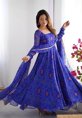 Blue Bandhani Print Chiffon Anarkali Set