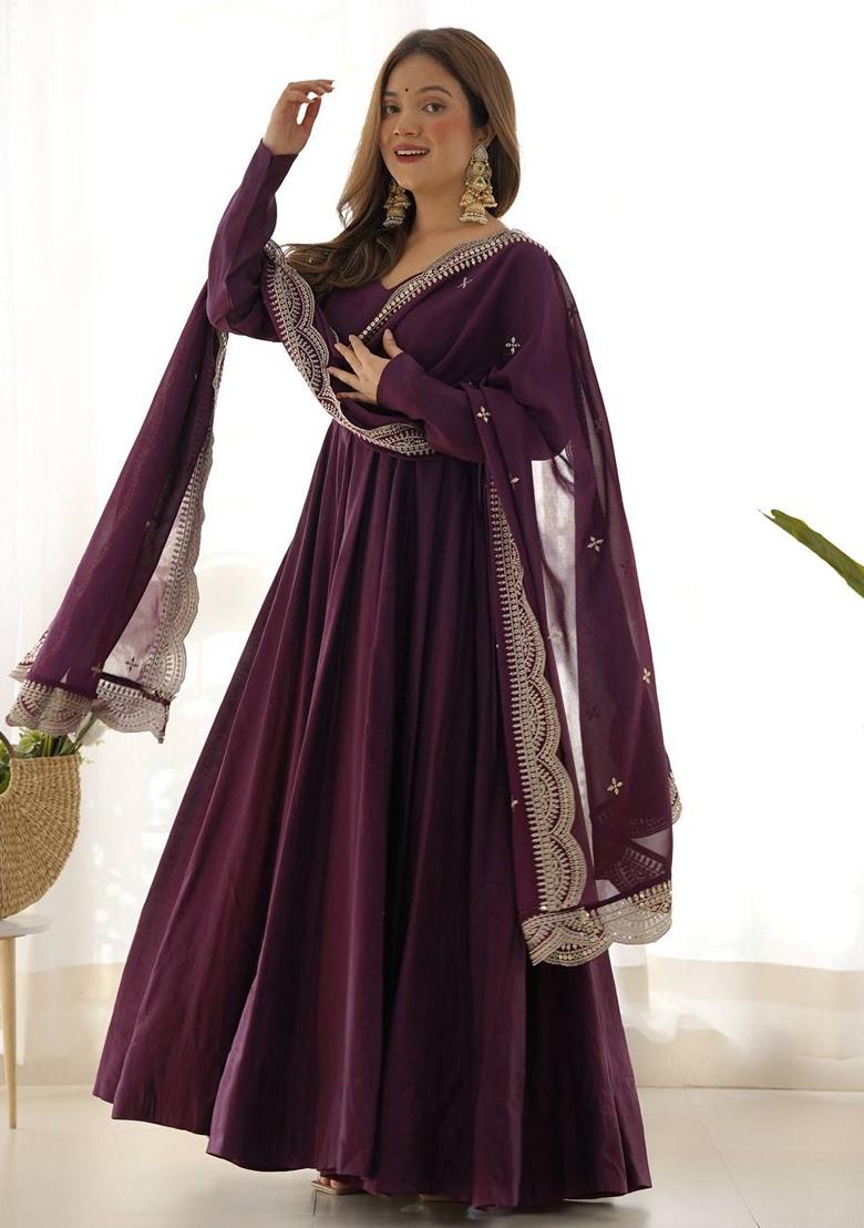 Maroon Embroidered Chenderi Anarkali Set