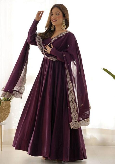 Maroon Embroidered Chenderi  Anarkali Set