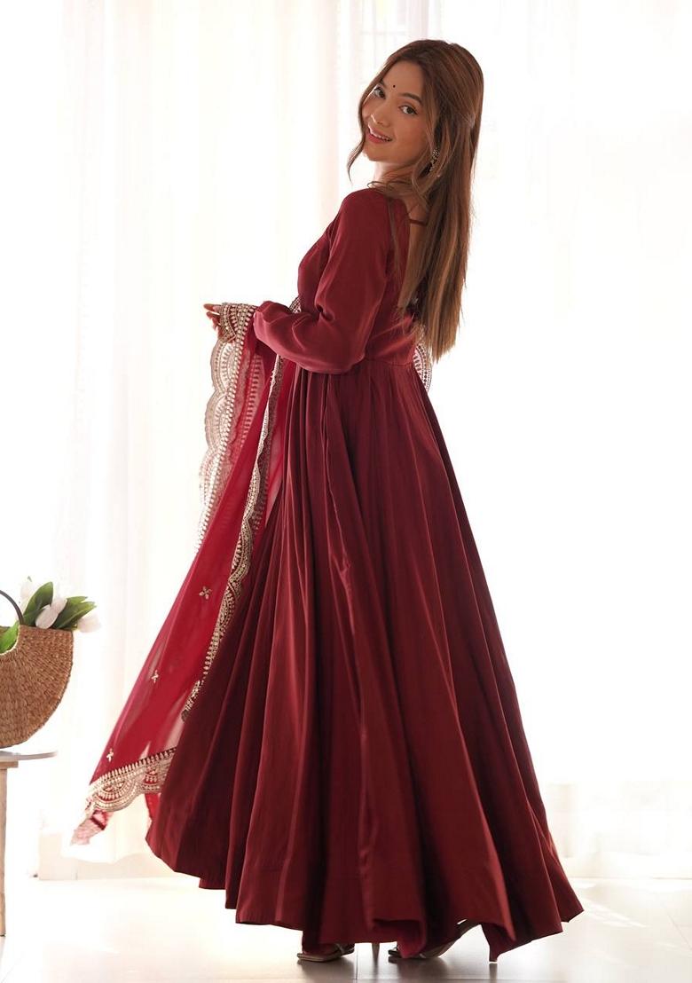 Maroon Embroidered Poly Blend Anarkali Set