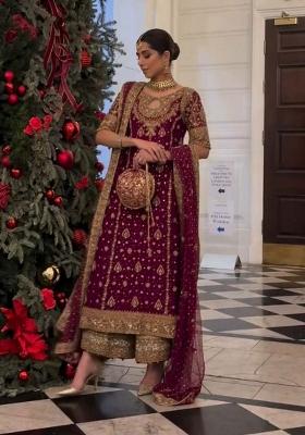 Wine Embroidererd Georgette Salwar Kameez With Dupatta