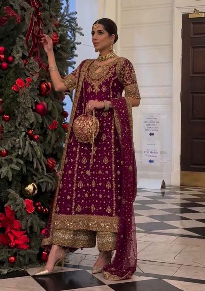 Wine Embroidererd Georgette Salwar Kameez With Dupatta