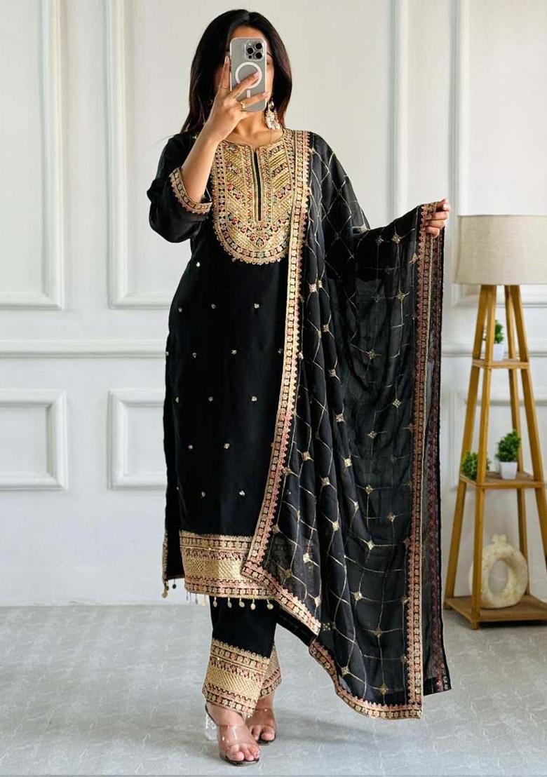Black Embroidererd Silk Salwar Kameez With Dupatta
