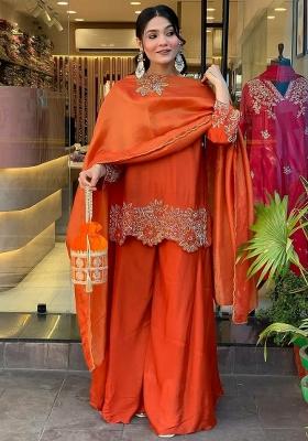 Orange Embroidererd Georgette Palazzo Set With Dupatta