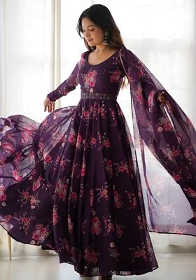 Maroon Embroidered Silk Anarkali Set