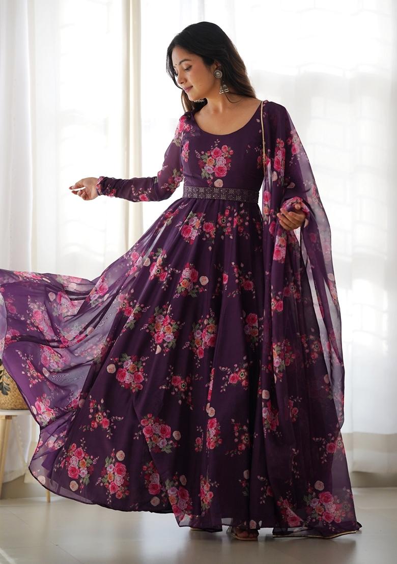 Maroon Embroidered Silk Anarkali Set