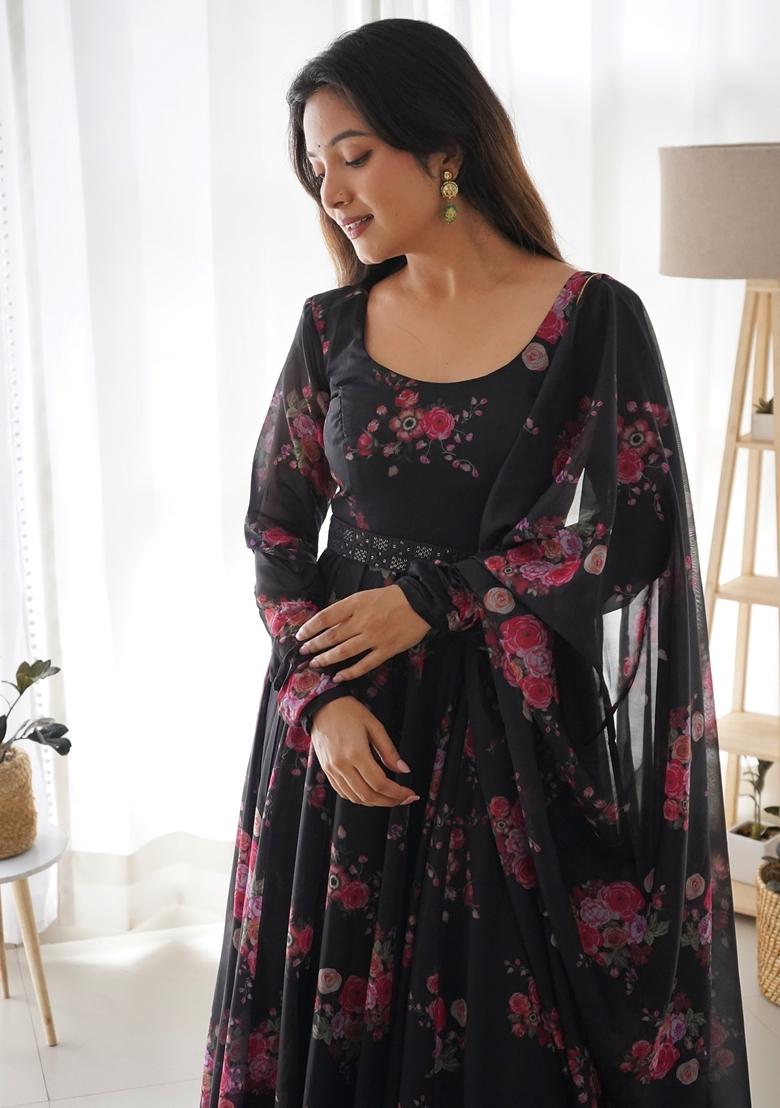 Black Embroidered Silk Anarkali Set