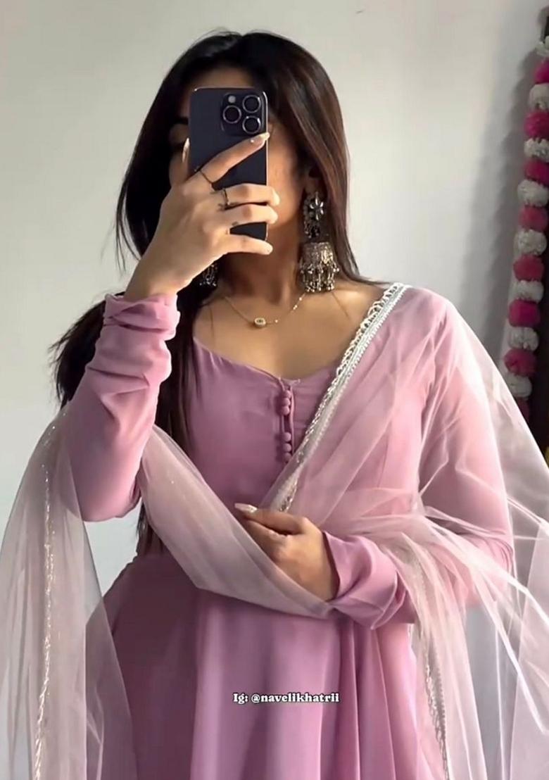 Lavender Embroidered Georgette Anarkali Set