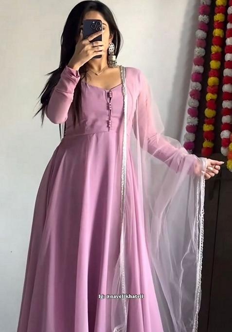 Lavender Embroidered Georgette Anarkali Set