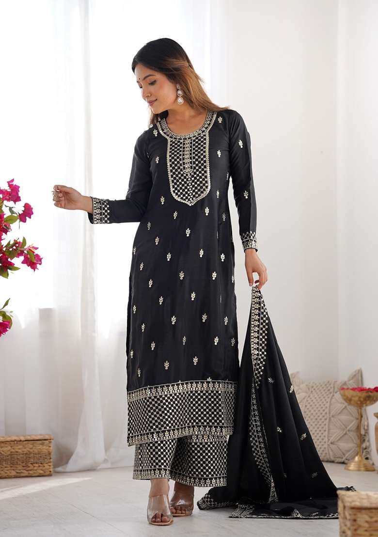Black Embroidered Chinon Straight Kurta Set - Indya