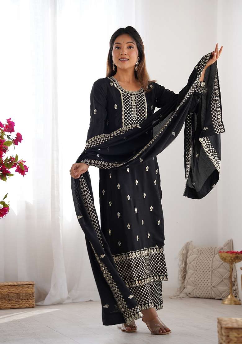 Black Embroidered Chinon Straight Kurta Set - Indya