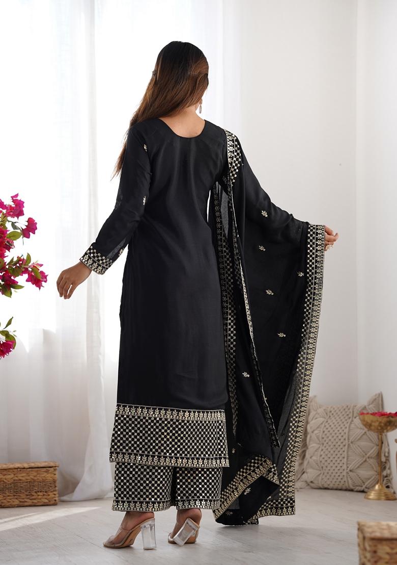 Black Sequin Embroidered Chinon Salwar Kameez With Dupatta