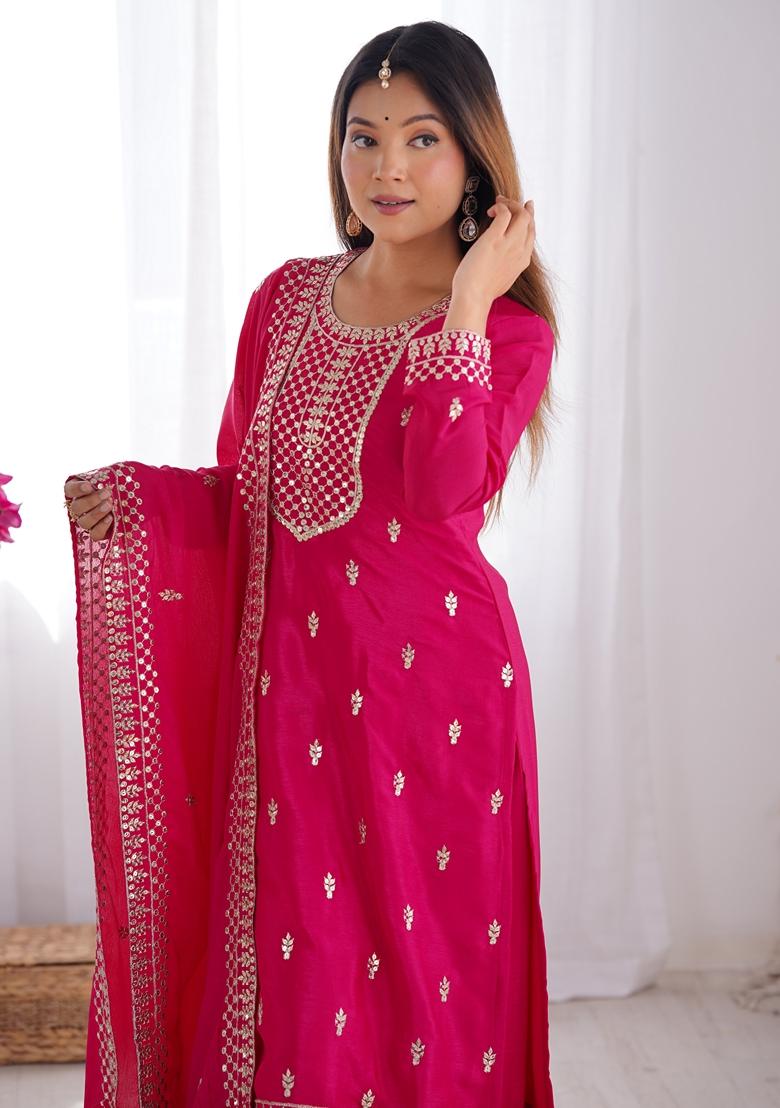 Pink Sequin Embroidered Chinon Salwar Kameez With Dupatta