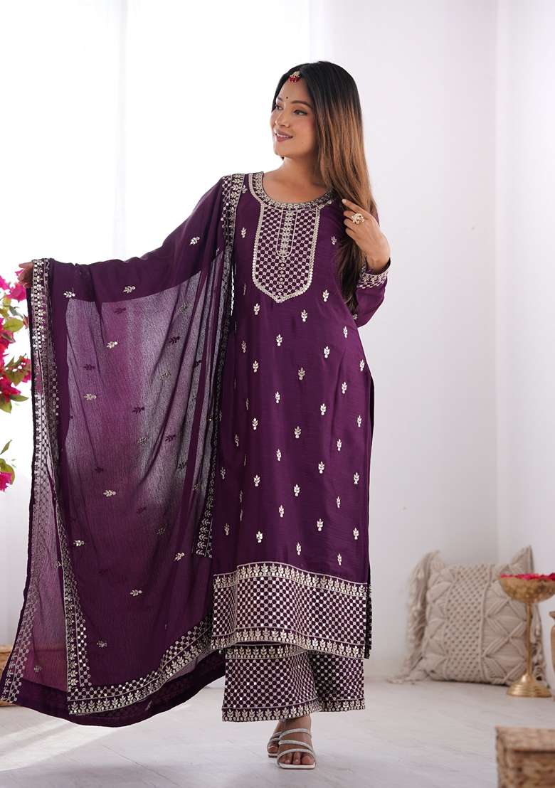 Maroon Embroidered Chinon Straight Kurta Set - Indya