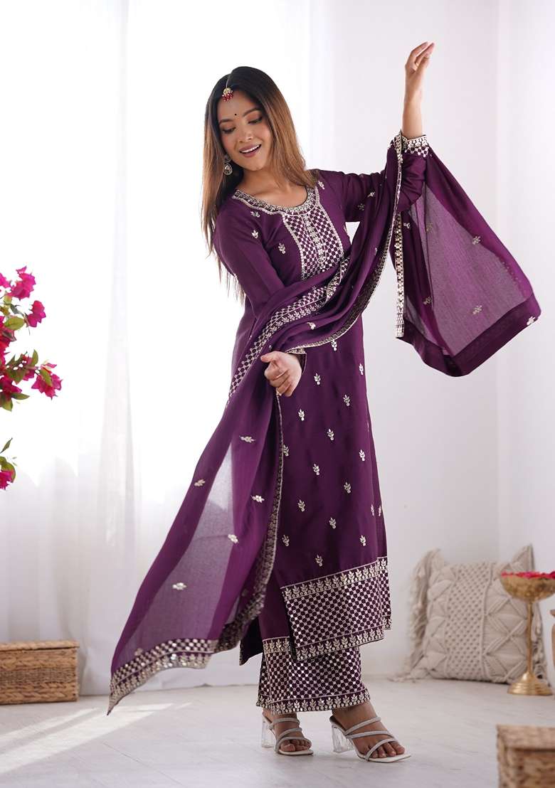 Maroon Embroidered Chinon Straight Kurta Set - Indya