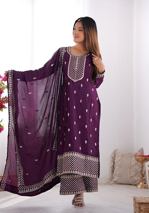 Maroon Sequin Embroidered Chinon Salwar Kameez With Dupatta