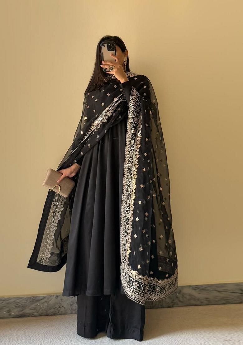Black Embroidered Georgette Salwar Kameez With Dupatta