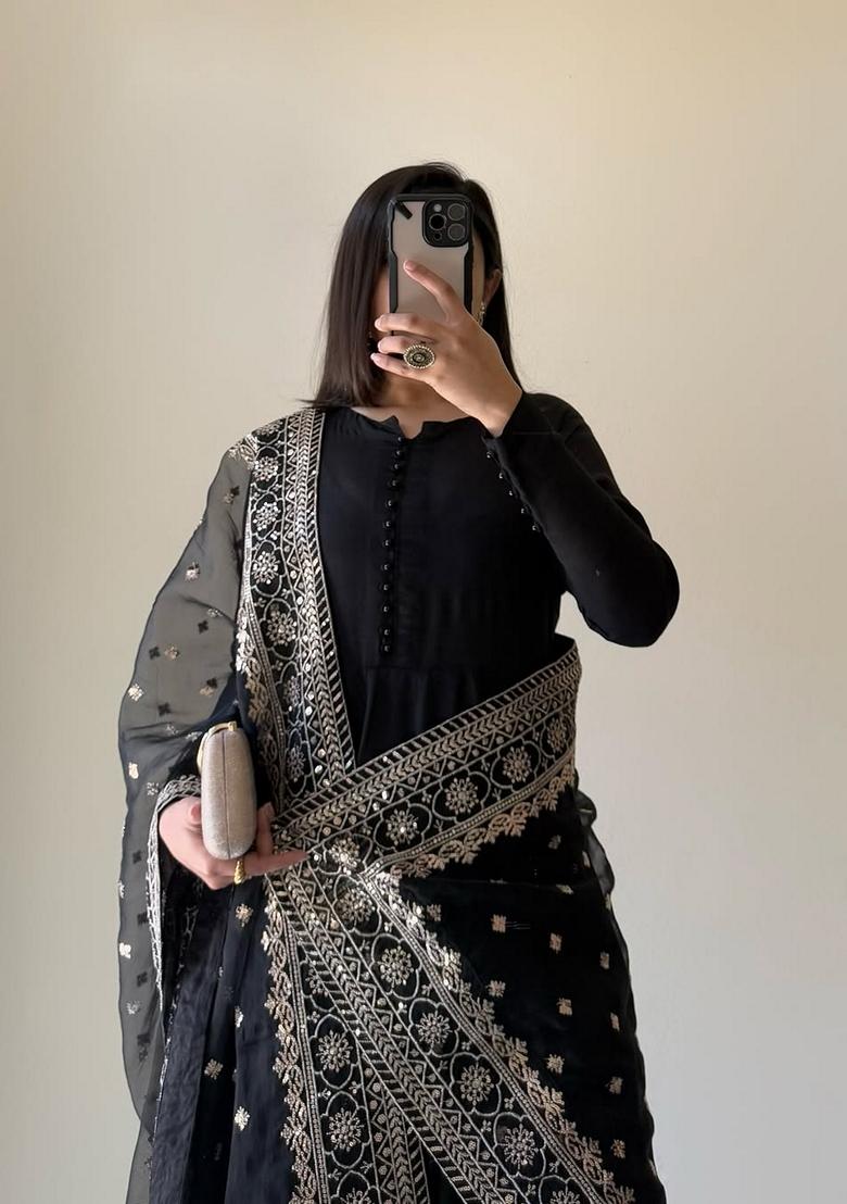 Black Embroidered Georgette Salwar Kameez With Dupatta