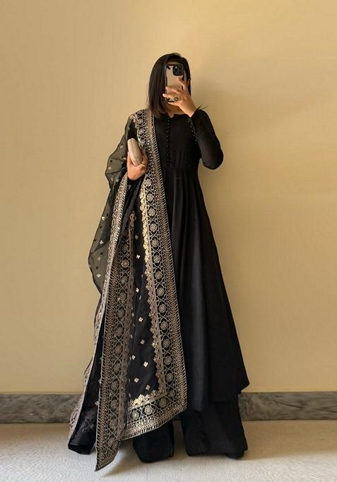Black Embroidered Georgette Salwar Kameez With Dupatta