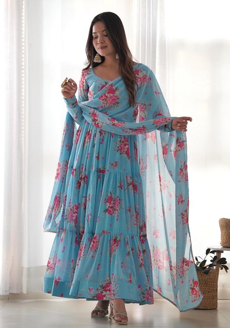 Teal Blue Lace Work Georgette Anarkali Set
