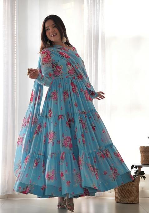 Teal Blue Lace Work Georgette Anarkali Set