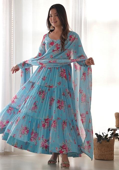 Teal Blue Lace Work Georgette Anarkali Set